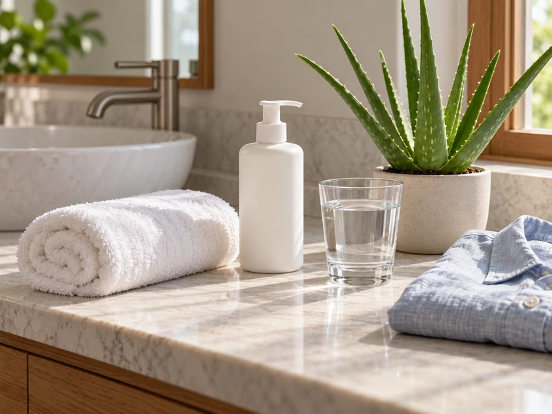 Soft towel, plain moisturizer, water and aloe plant in a gentle sunburn care still life