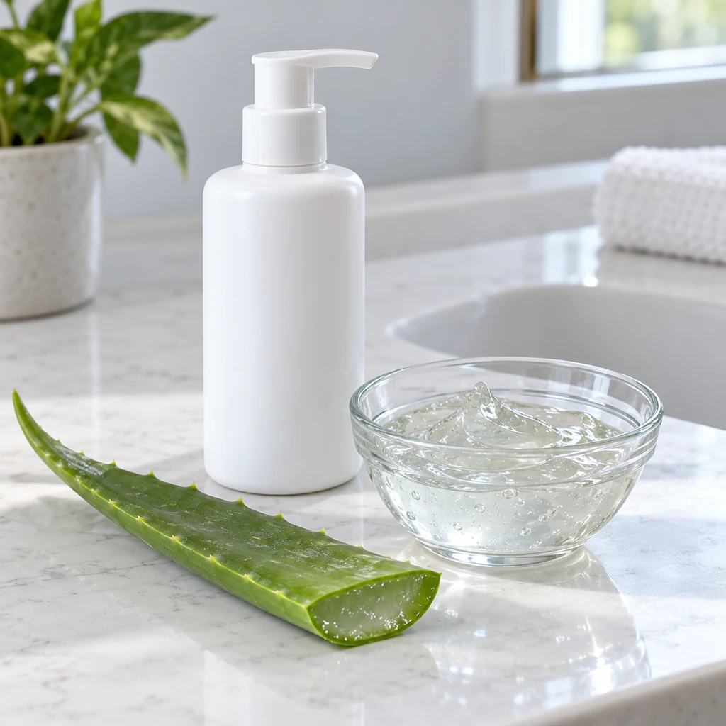 Plain unperfumed moisturizer and aloe vera leaf on a clean bathroom counter