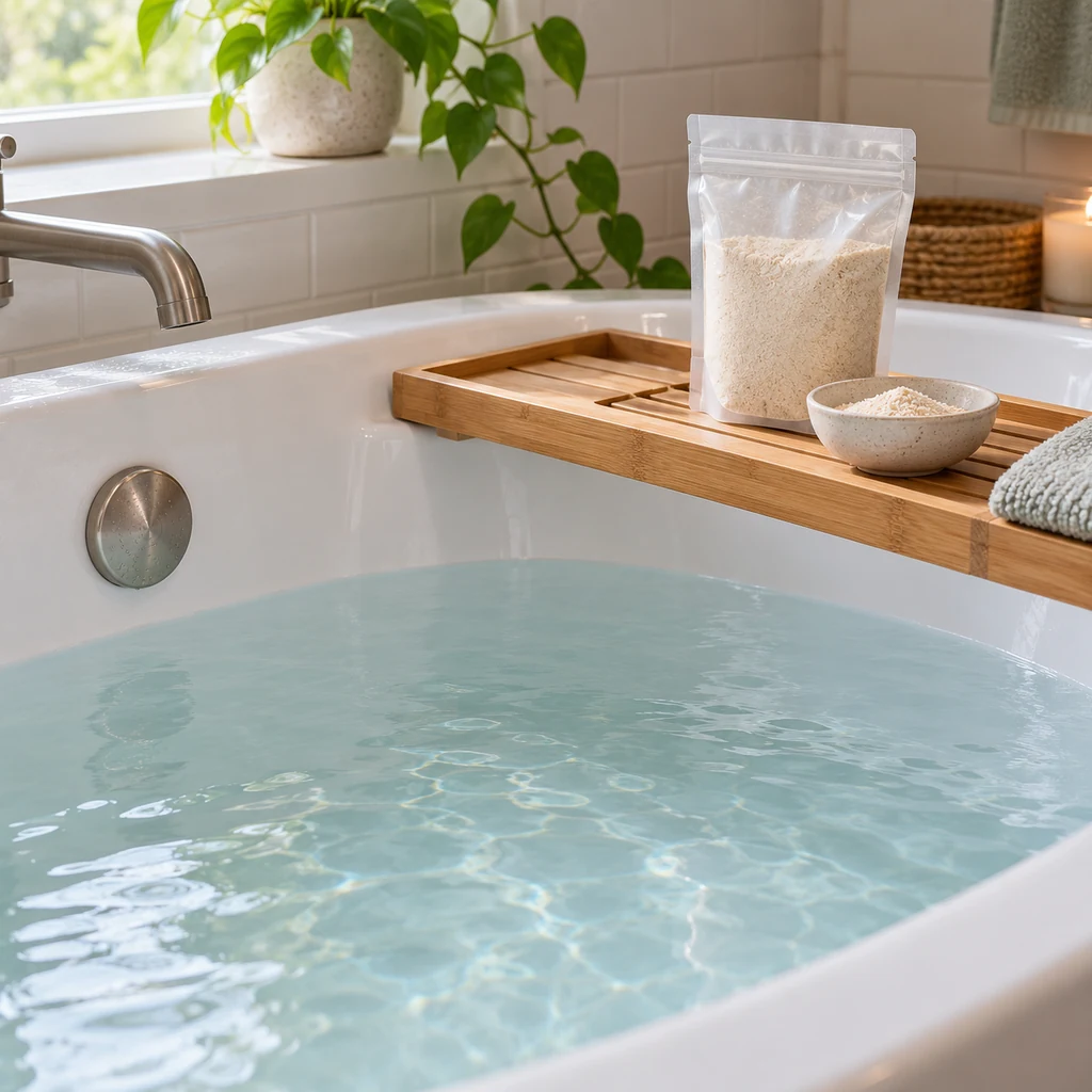 Plain colloidal oatmeal bath product beside a filled tub of cool water
