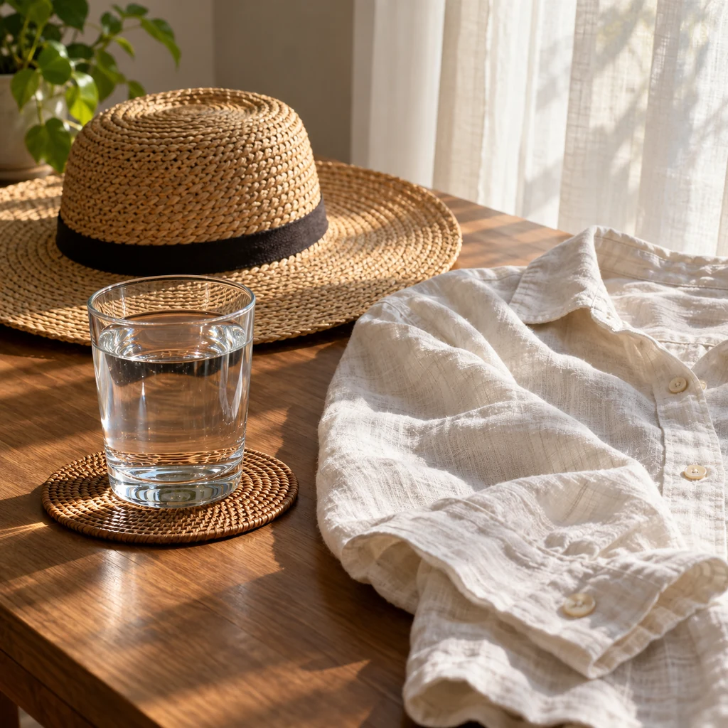 Glass of water and loose sun-protective clothing laid out in indoor shade