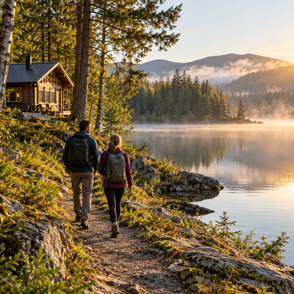 Travelers walking beside a forest lake and a modest cabin