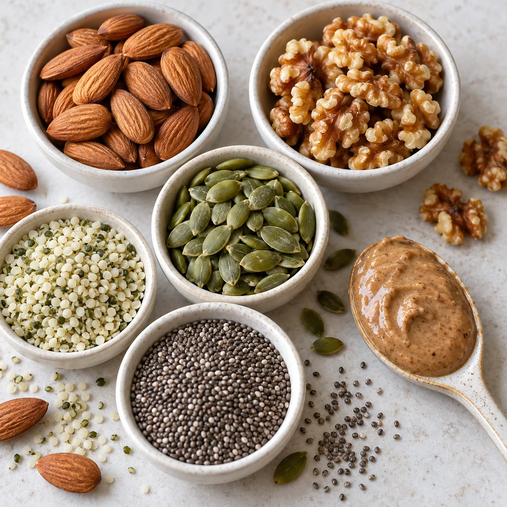 Assorted nuts, seeds, and natural nut butter in small bowls