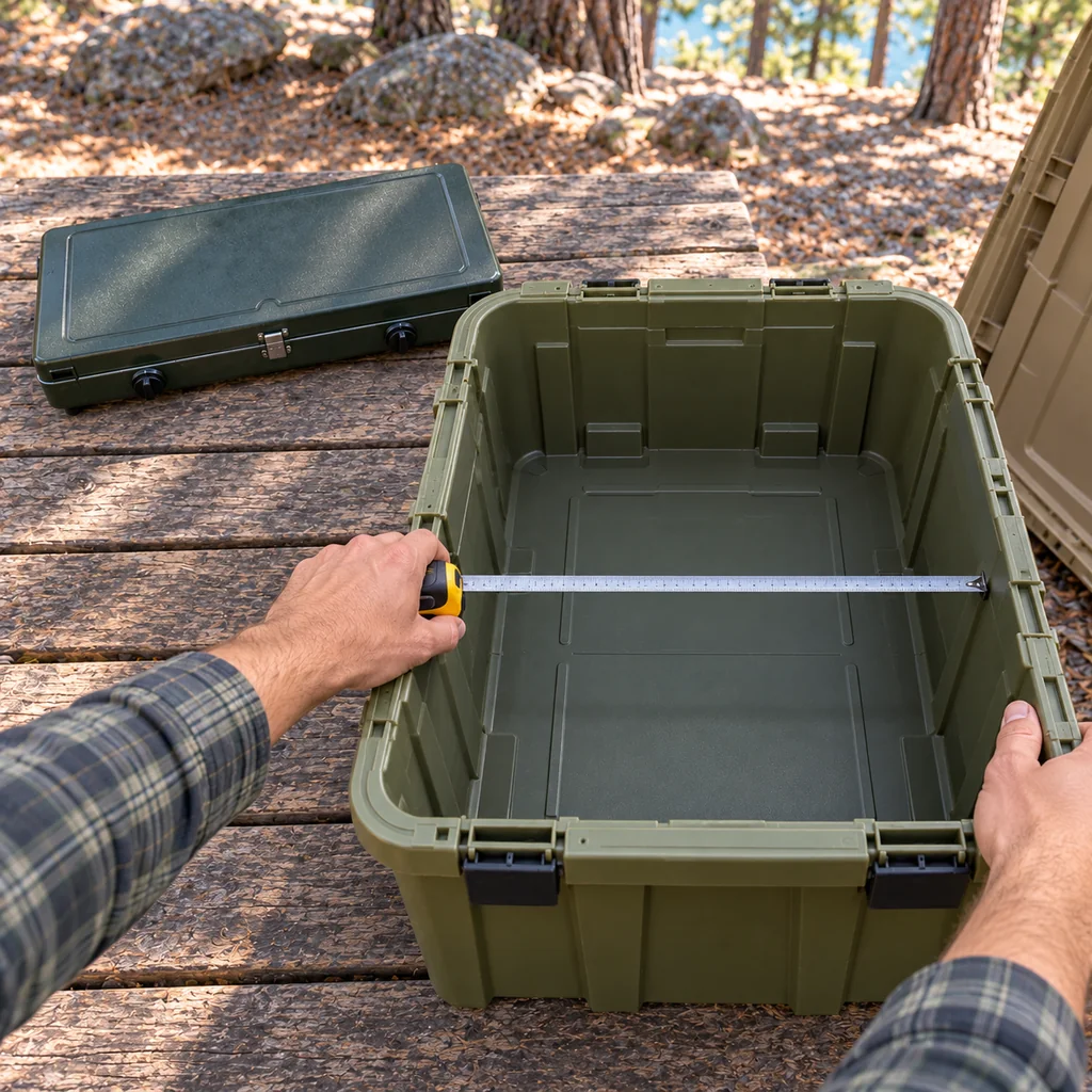 Measuring the narrow inside width of an olive camping kitchen tote beside a closed two-burner stove