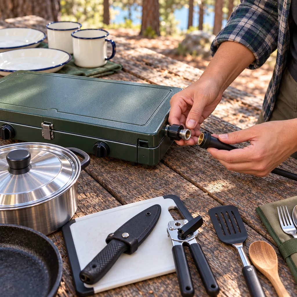 Checking a disconnected camp stove connector beside a sheathed knife, pot, utensils, and two place settings