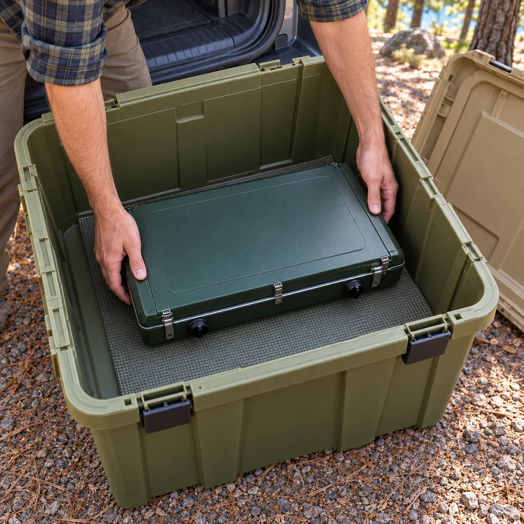 Lowering a cool closed camp stove onto a protective mat at the bottom of an olive kitchen tote
