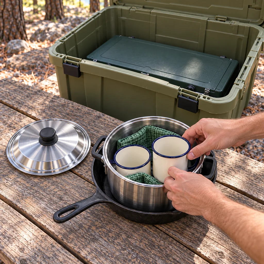Two enamel mugs nested inside a stainless pot set in a cast-iron skillet with a cloth divider