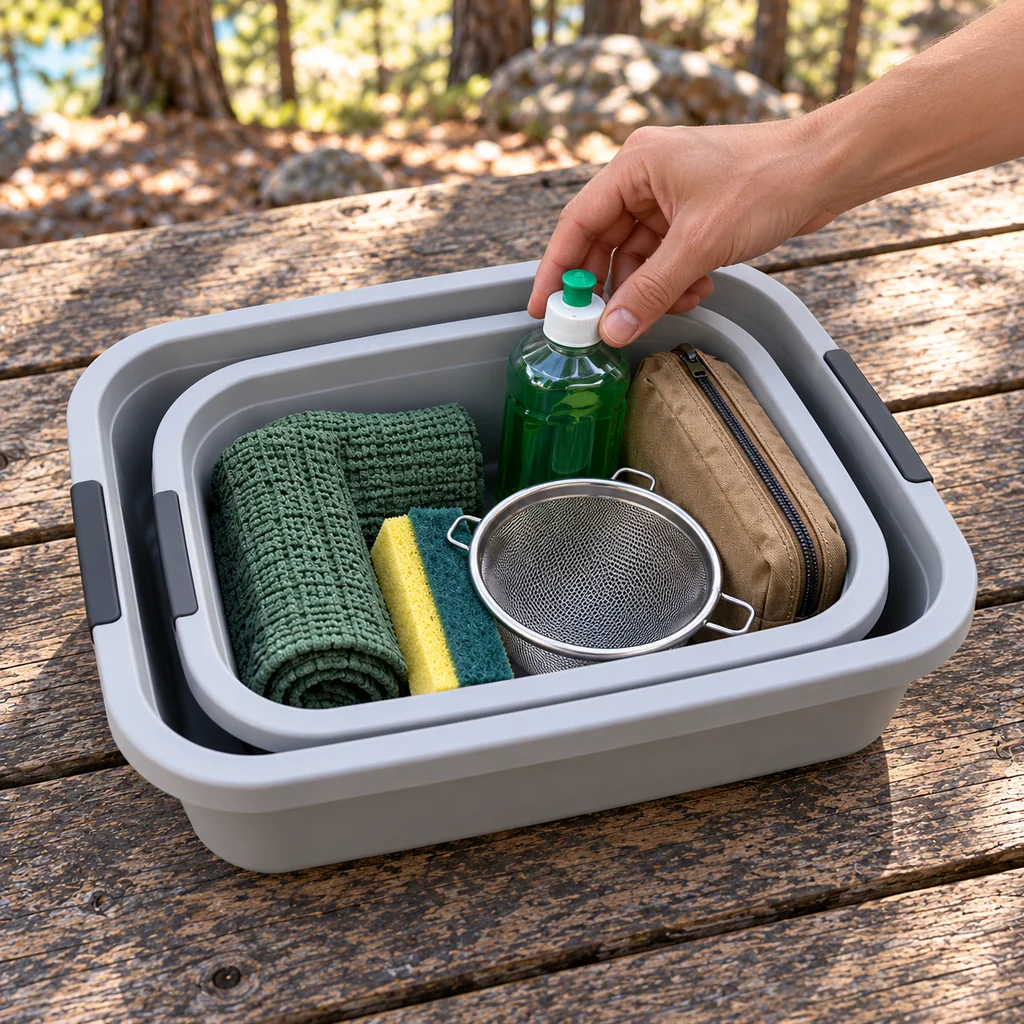 Two nested gray wash basins containing capped soap, sponge, strainer, towel, and waterproof pouch