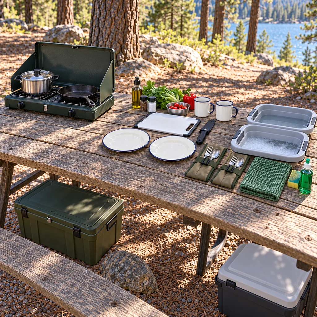 Outdoor picnic table arranged into separate stove, food preparation, and dishwashing zones