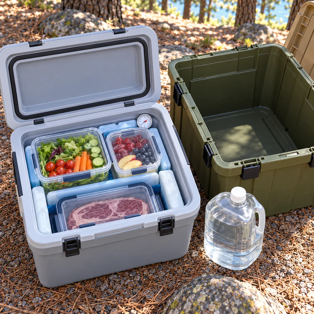Gray cooler with ice packs, thermometer, sealed food containers, and raw meat below produce beside a separate empty kitchen tote