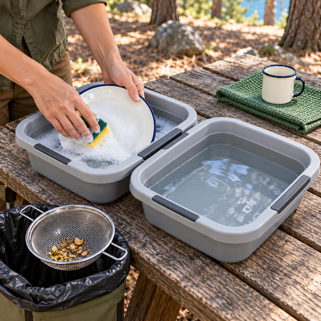 Washing an enamel plate in one basin beside a separate rinse basin and strainer for food scraps