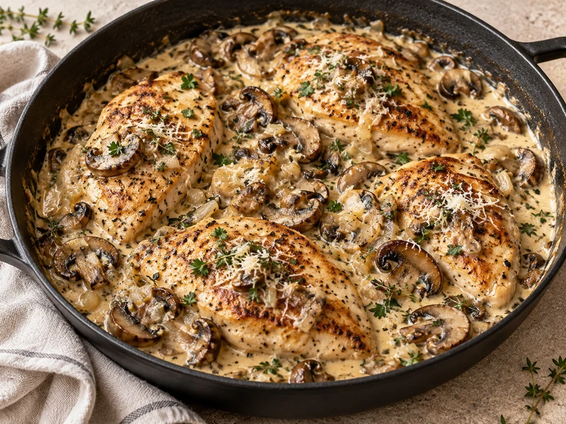 Golden chicken breasts in creamy mushroom sauce with Parmesan and herbs
