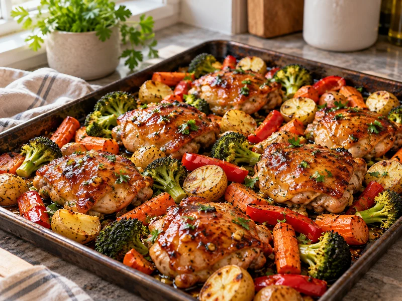One-pan honey garlic chicken with roasted potatoes, carrots, broccoli and red bell pepper