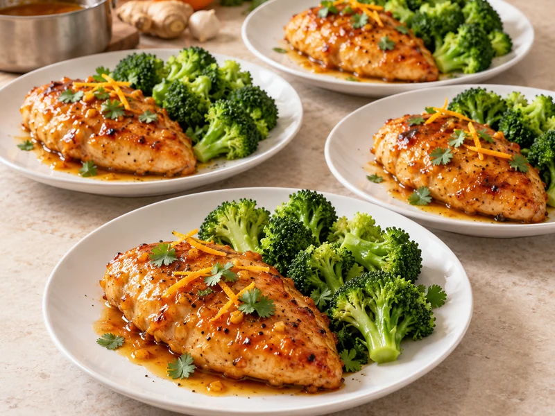 Four portions of finished orange-glazed chicken with steamed broccoli on white plates