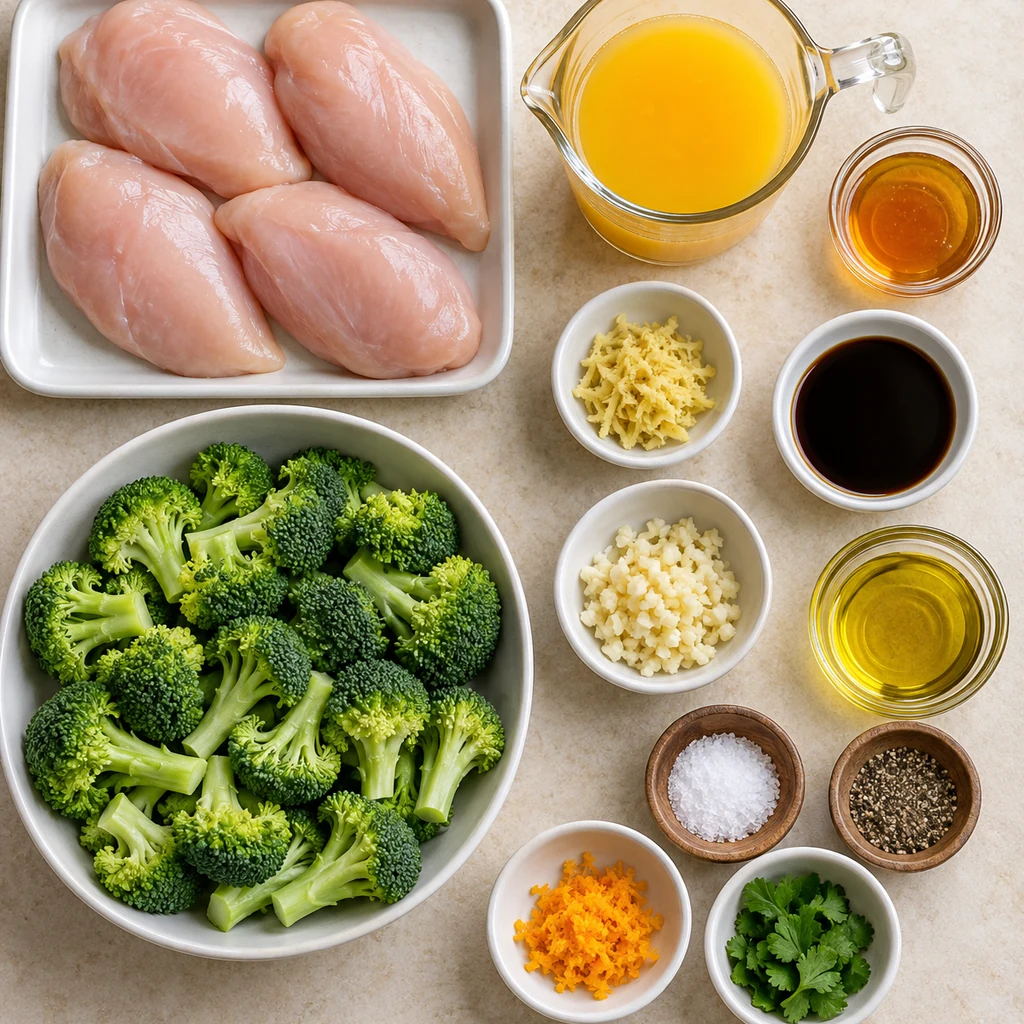Four raw chicken breasts, broccoli, orange juice, honey, soy sauce, ginger, garlic, olive oil and seasonings arranged separately