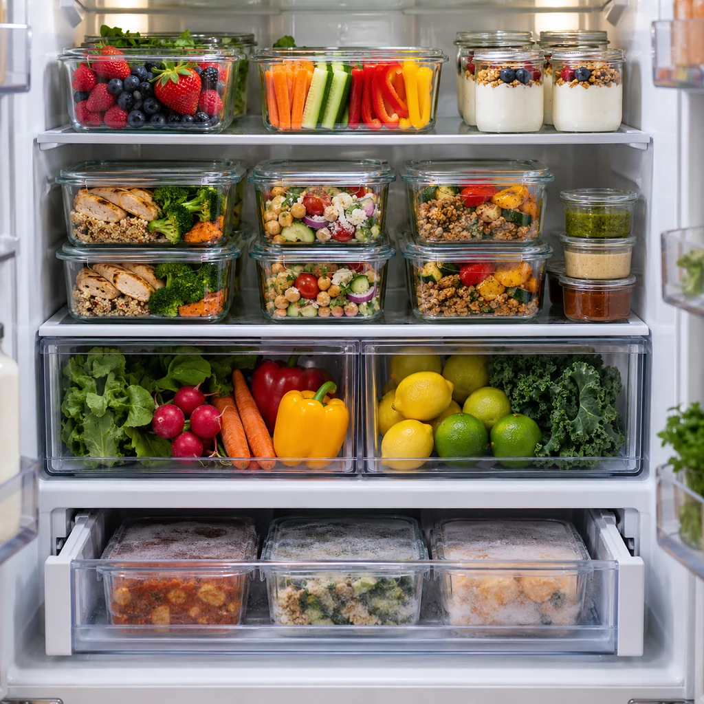 Organized refrigerator with sealed meal prep containers, separate sauces, fruit, vegetables, yogurt, and frozen portions