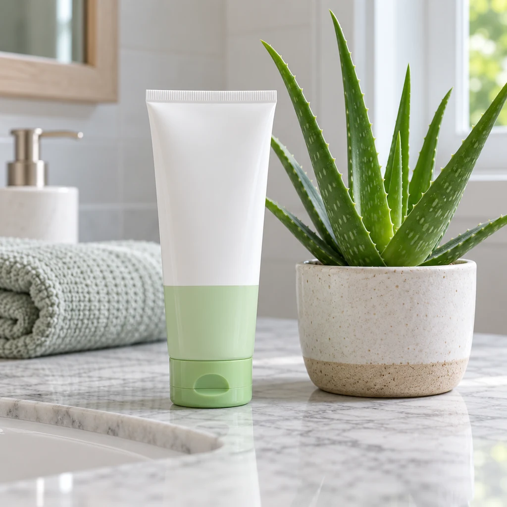 Plain unbranded aloe skin-care gel tube beside a small aloe plant on a clean counter