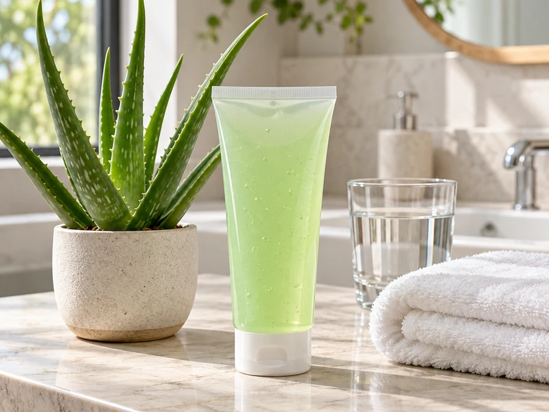 Aloe skin-care gel tube, aloe plant, water and clean towel in a bright bathroom