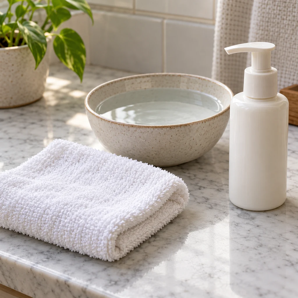 Clean soft washcloth, lukewarm water and plain moisturizer on a bathroom counter