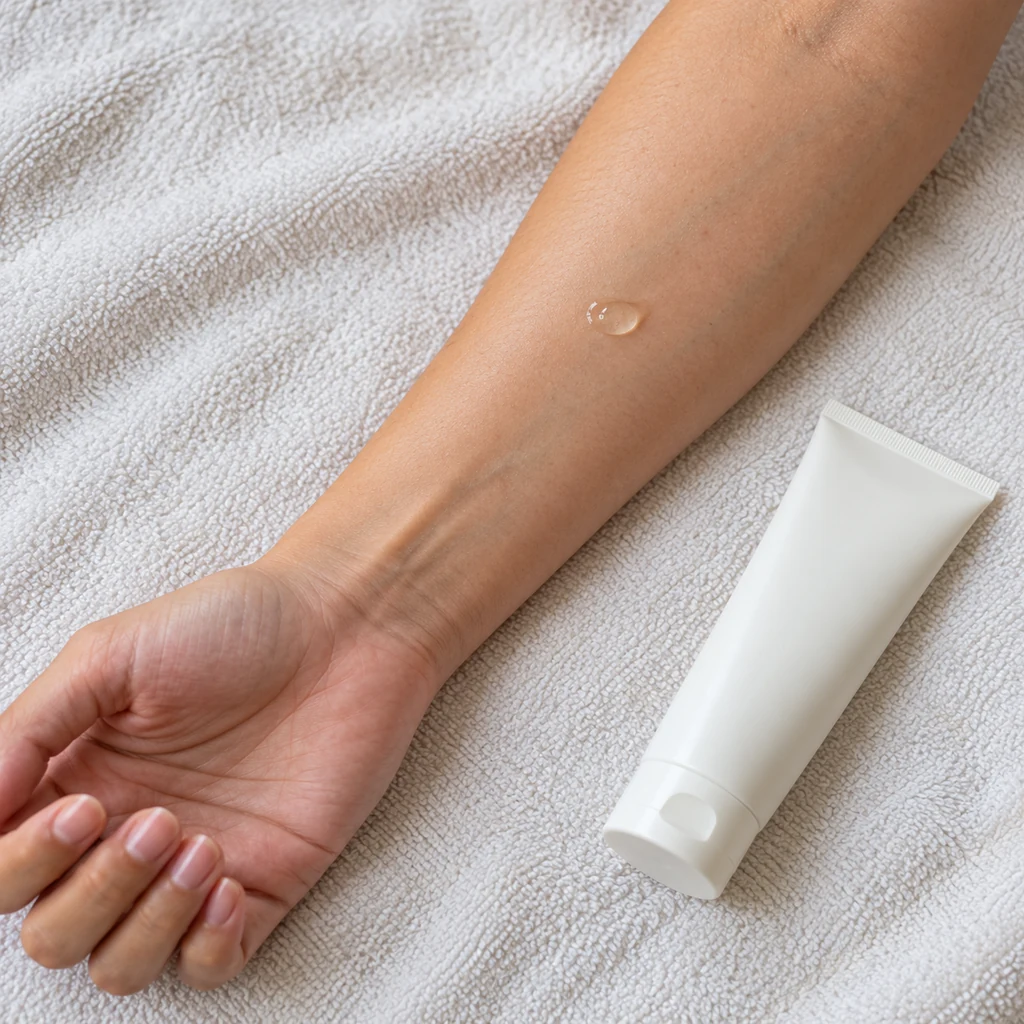 Small neat dab of clear aloe skin-care gel on the inner forearm of one adult