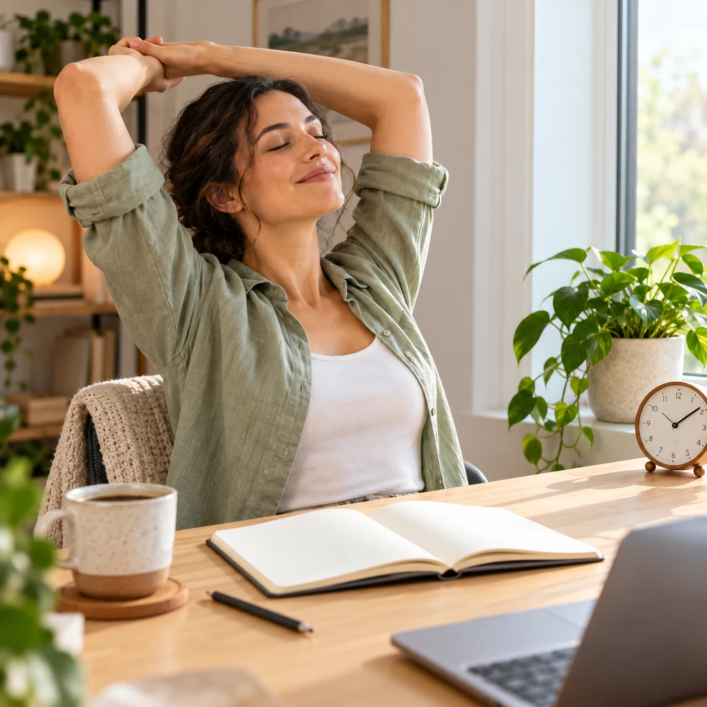 Person stretching during a planned break at a bright desk