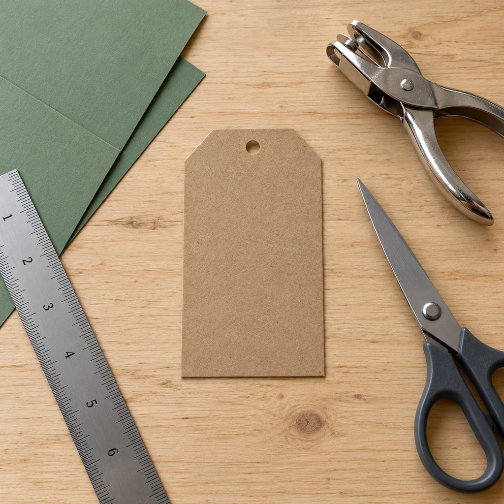 Blank kraft gift tag with clipped top corners and one centered punched hole beside cutting tools