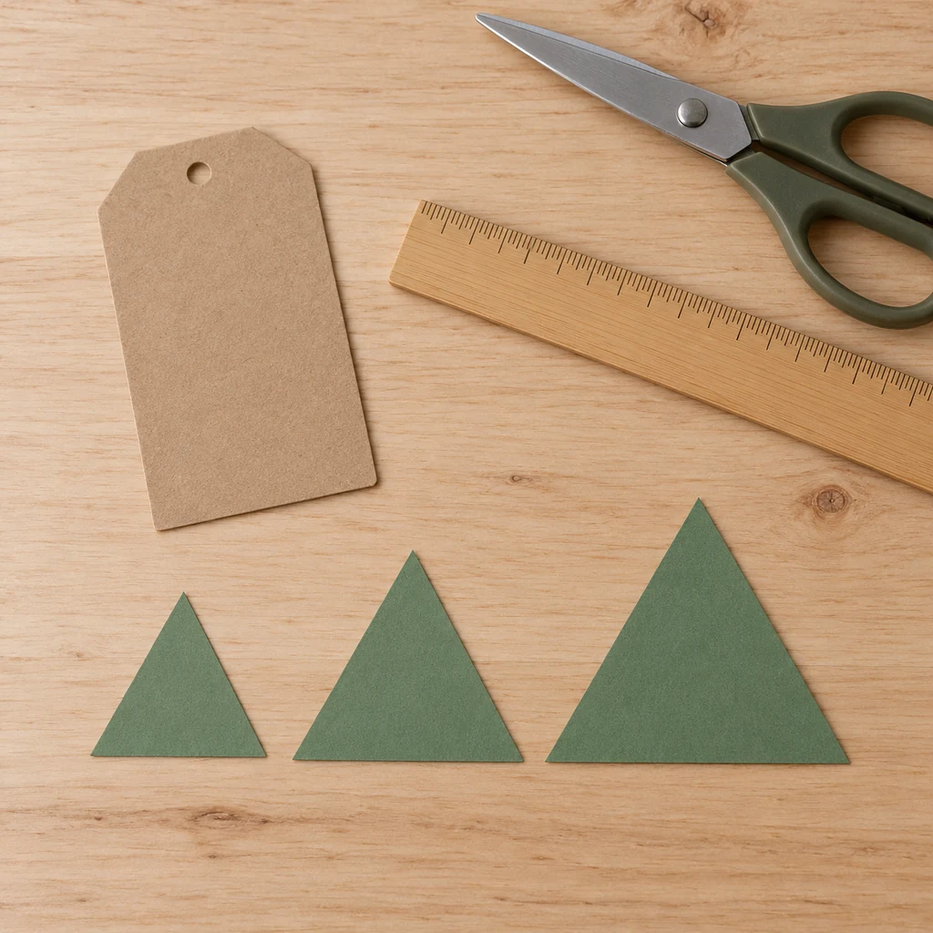 Three separate sage-green cardstock triangles arranged from small to large beside a blank kraft tag