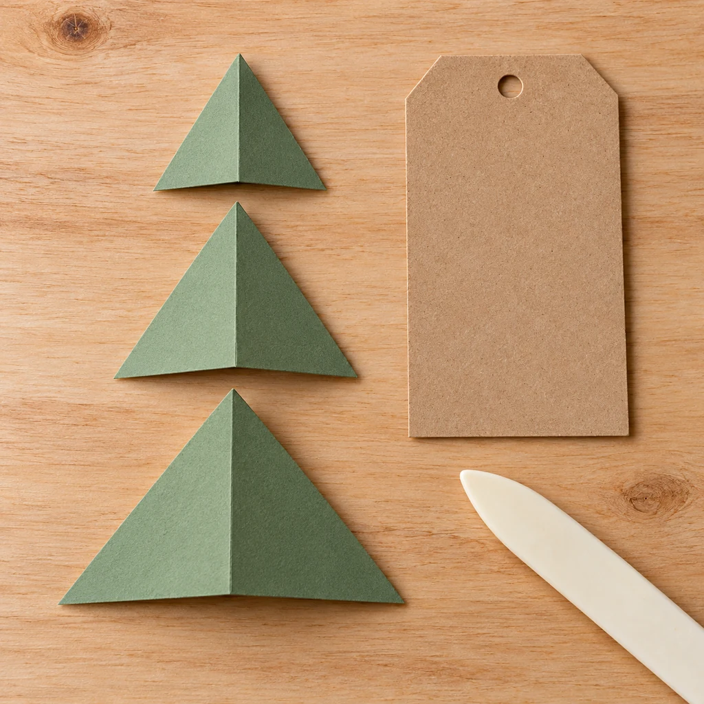 Three separate green paper triangles each with one vertical center crease and raised side edges