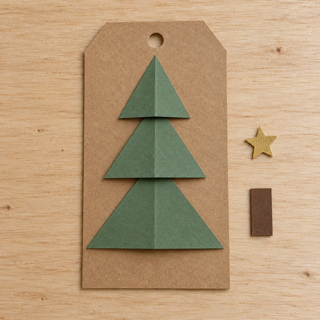 Three creased paper tree tiers dry-fitted on a kraft gift tag with loose paper star and trunk beside it