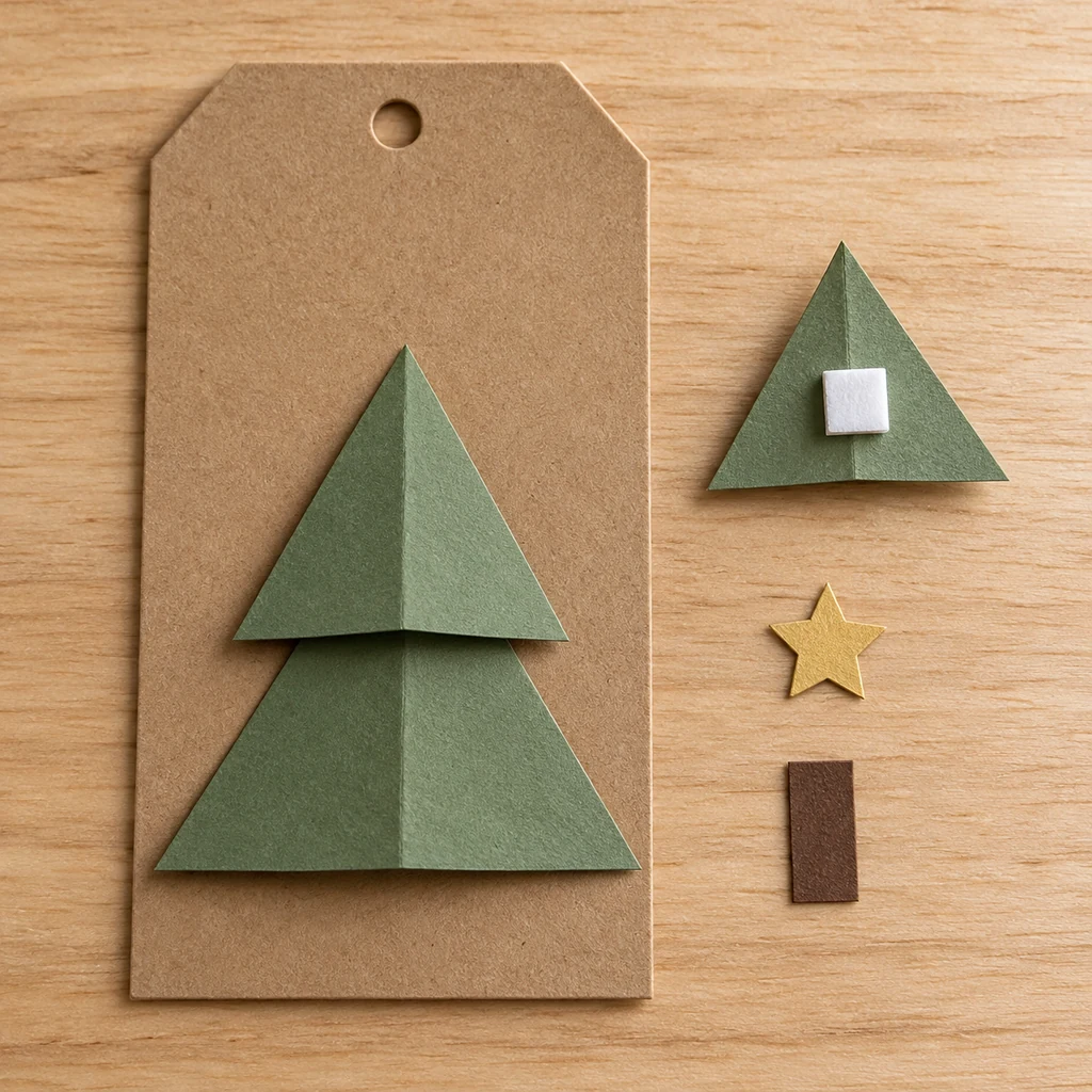 Two green tree tiers mounted on the kraft tag and a loose small triangle with one foam adhesive square on its back