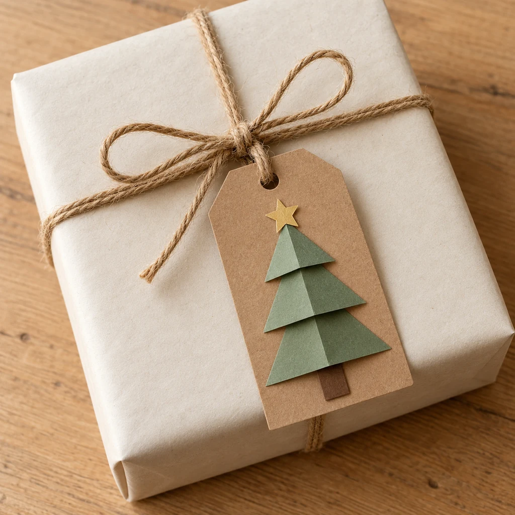 Finished layered paper Christmas tree gift tag tied through its top hole to a cream wrapped present