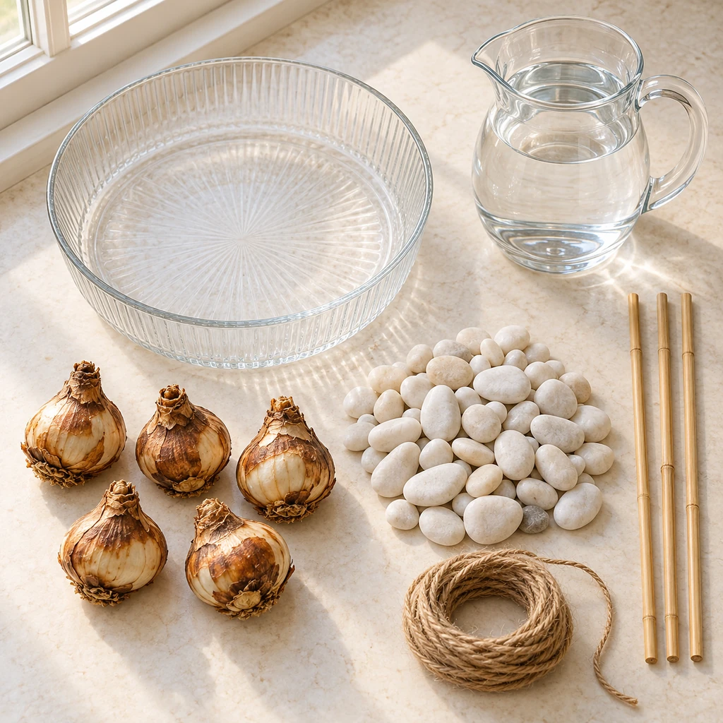 Five firm paperwhite bulbs beside a prepared glass bowl and clean pebbles
