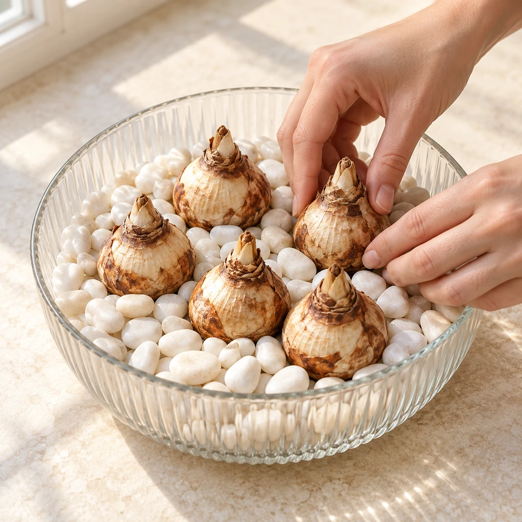 Hands anchoring five paperwhite bulbs upright in white pebbles