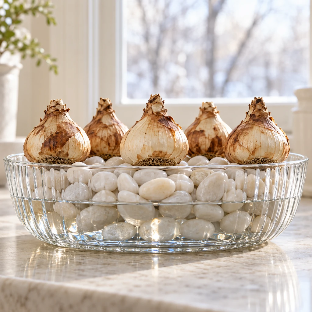 Water line below the bases of five paperwhite bulbs in a clear pebble bowl