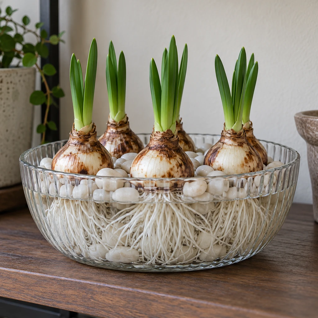 Five paperwhite bulbs with healthy white roots and short green shoots