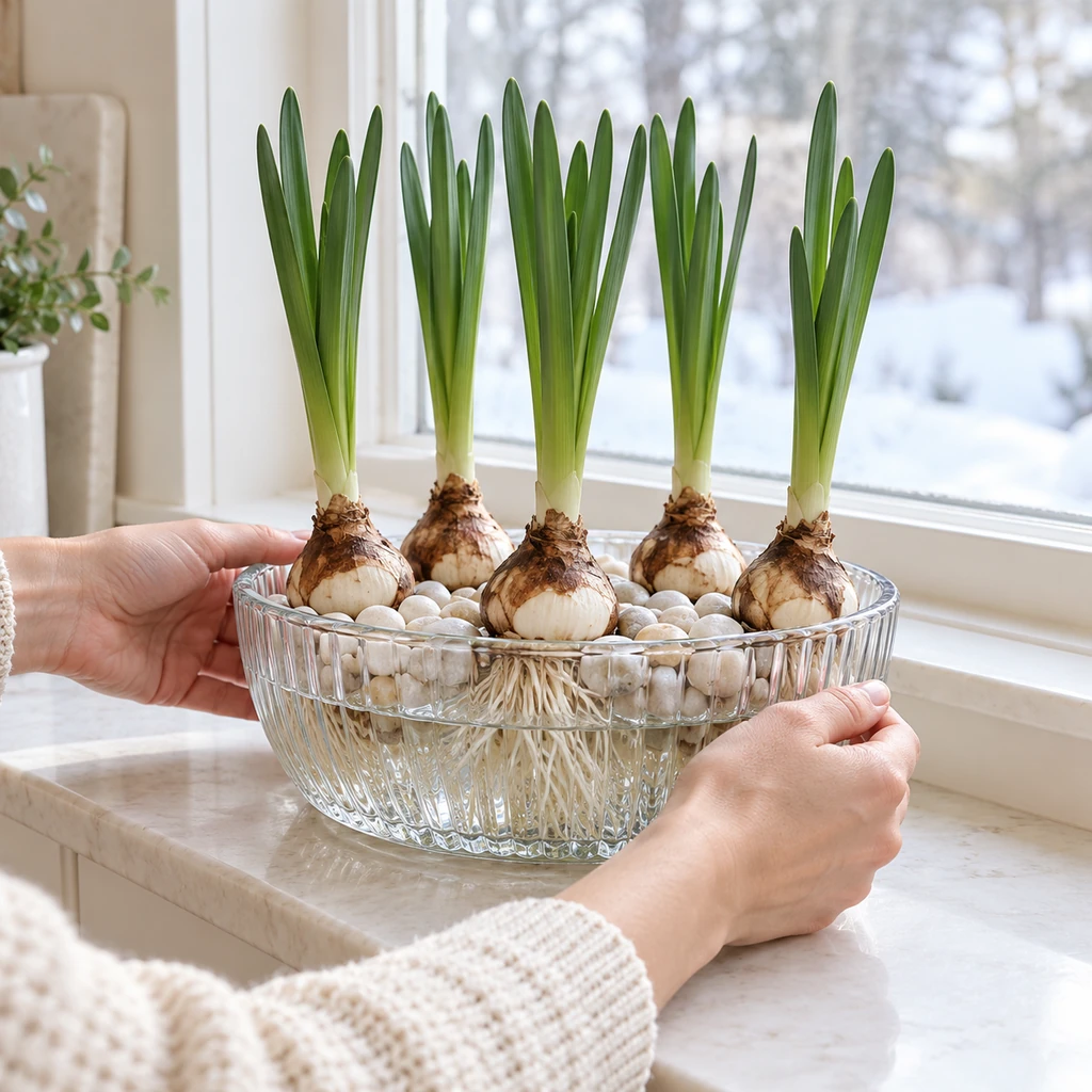 Hands rotating a bowl of five rooted paperwhite bulbs at a bright winter window