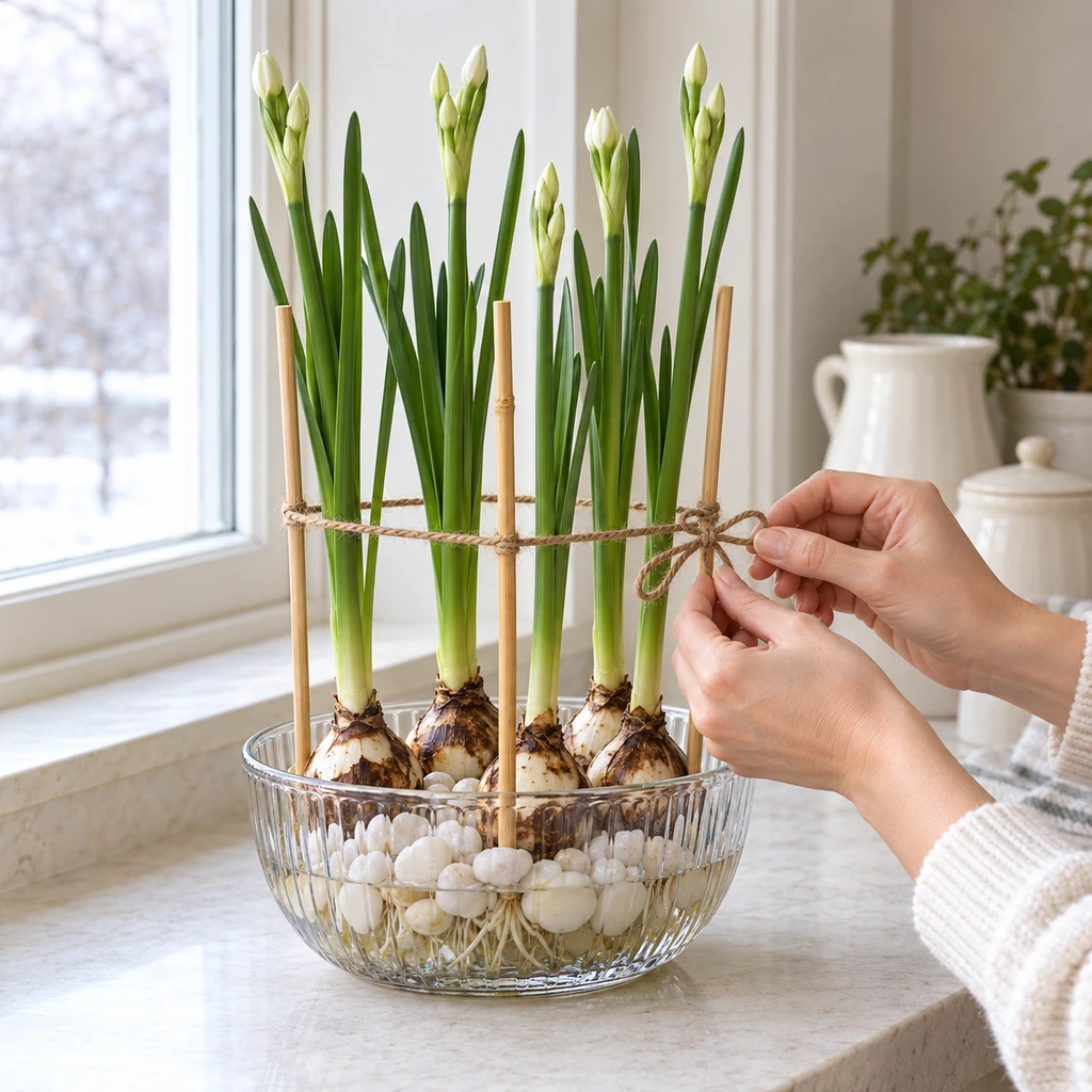 Hands tying a loose twine support around tall paperwhite stems and three bamboo stakes
