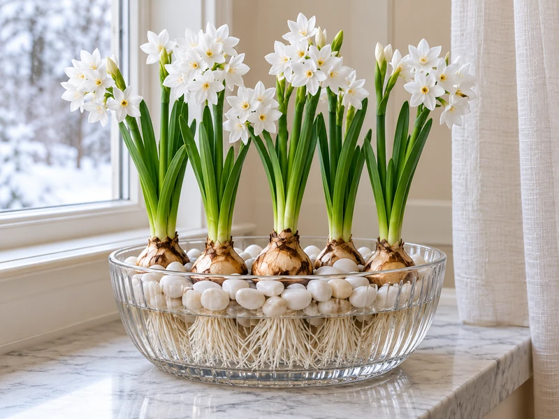 Five upright paperwhite bulbs flowering in a clear bowl of white pebbles