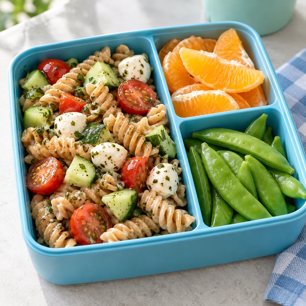 Whole-grain pasta salad with cucumber, tomato and mozzarella beside orange segments and snap peas