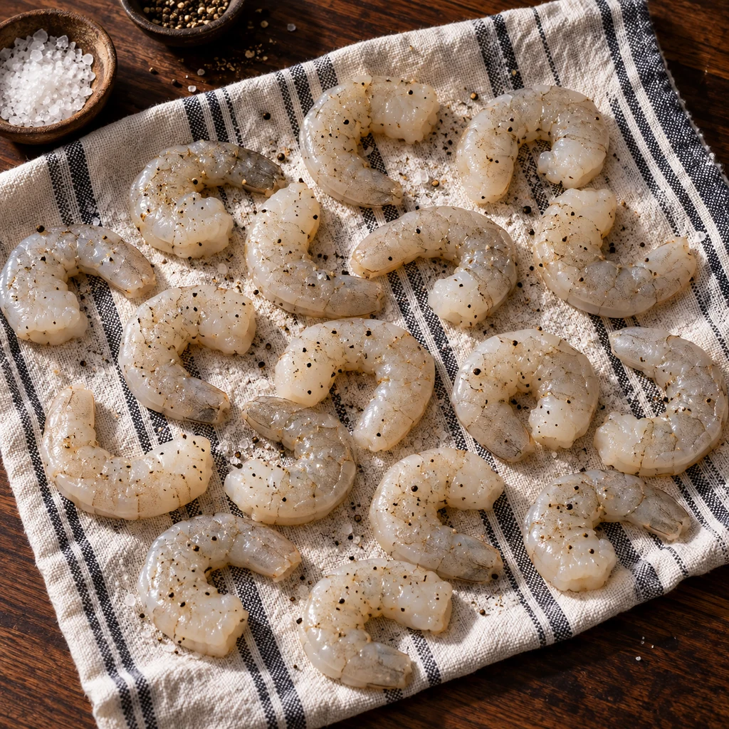 Raw peeled shrimp patted dry on a striped kitchen towel and seasoned with salt and pepper