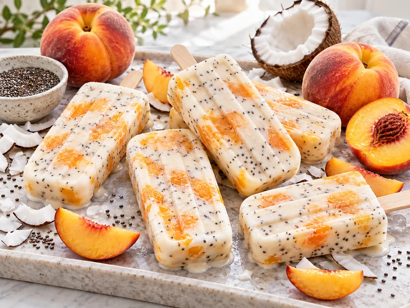 Creamy peach coconut chia pops with ripe peaches and coconut