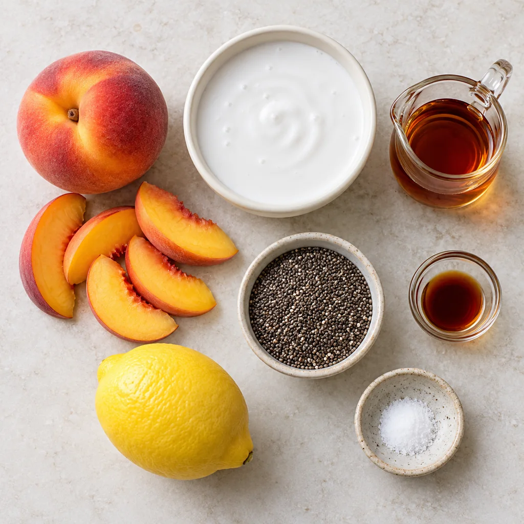 Peaches, coconut milk, chia seeds, maple syrup, vanilla, lemon and salt for peach coconut chia pops