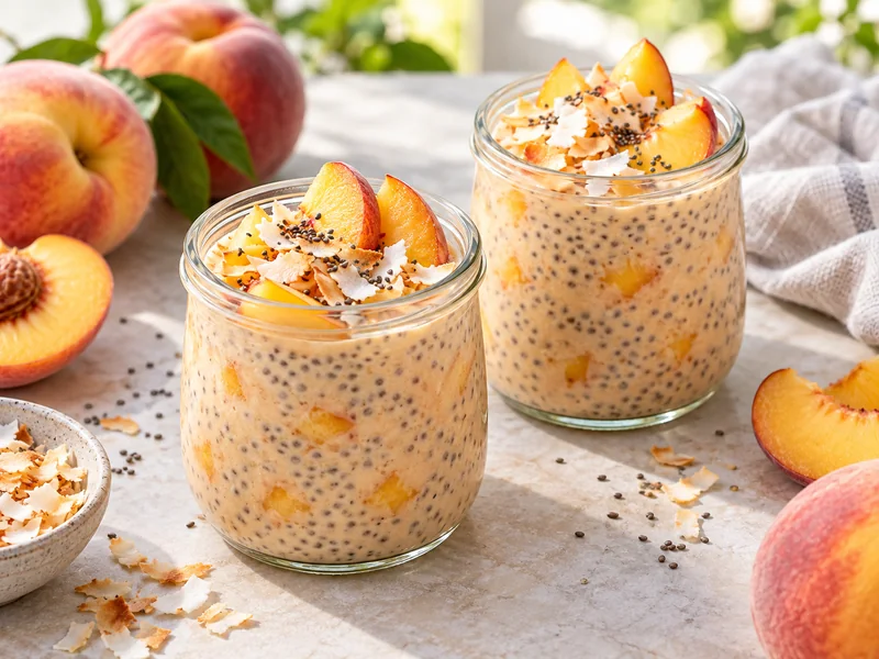 Peach coconut chia pudding in two glass jars with fresh peaches and toasted coconut