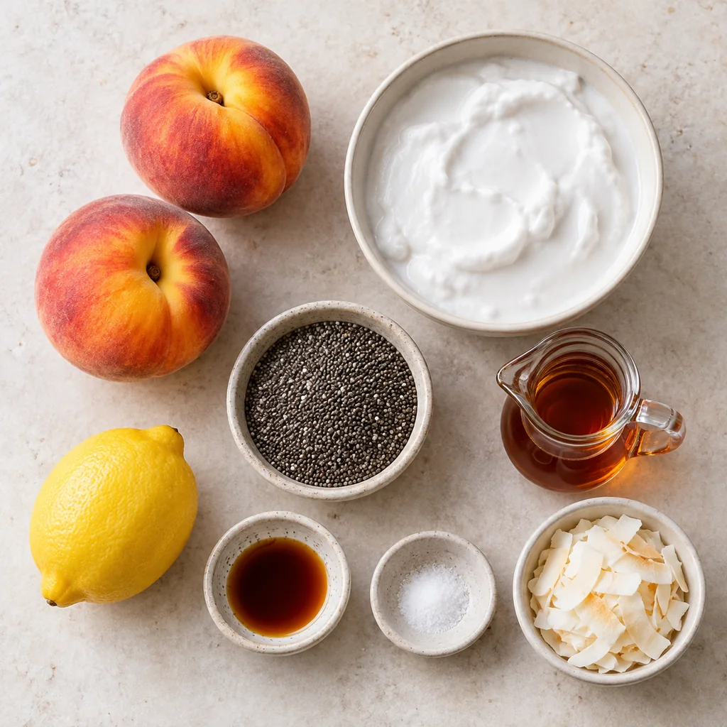 Peaches, coconut milk, chia seeds, maple syrup, vanilla, lemon, salt and coconut flakes for chia pudding