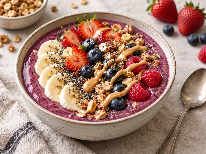 Peanut butter berry smoothie bowl topped with fresh fruit granola and peanut butter