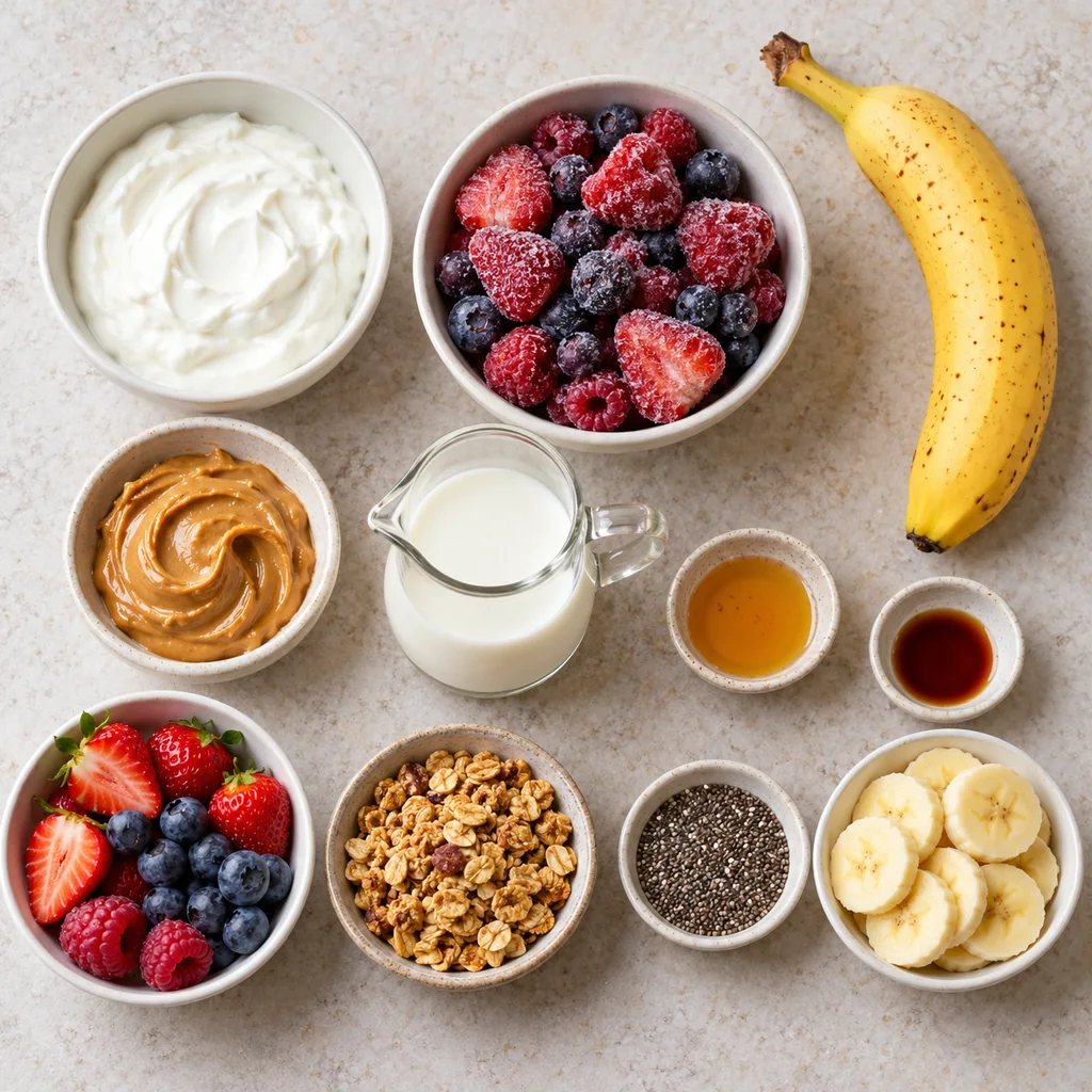Greek yogurt, frozen mixed berries, banana, peanut butter, milk and separate smoothie bowl toppings