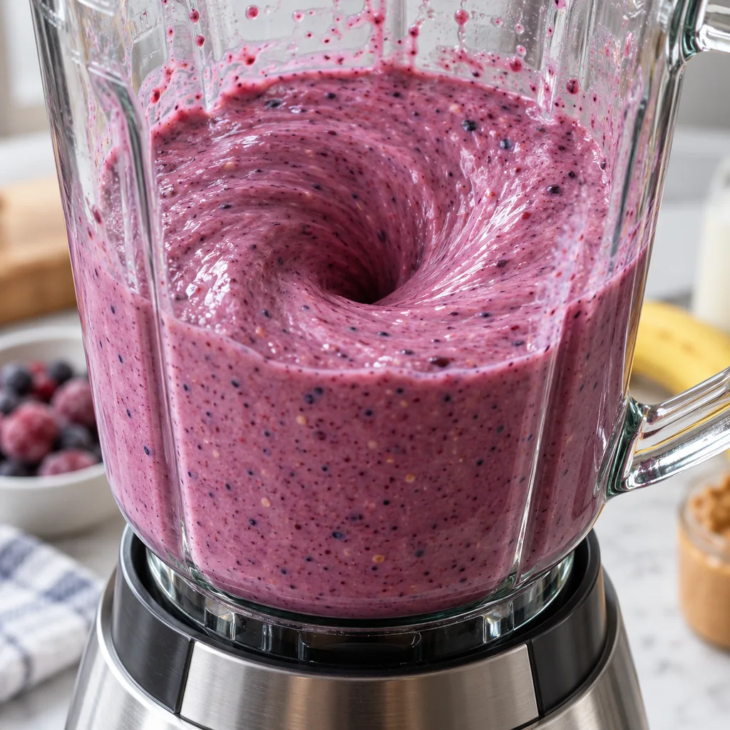 Thick purple berry and peanut butter smoothie mixture blending in a countertop blender