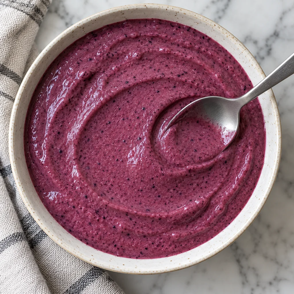 Bare thick purple berry smoothie base being smoothed in a serving bowl before toppings