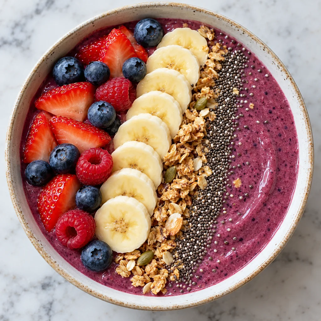 Fresh berries, banana slices, granola and chia seeds being arranged on a purple smoothie bowl