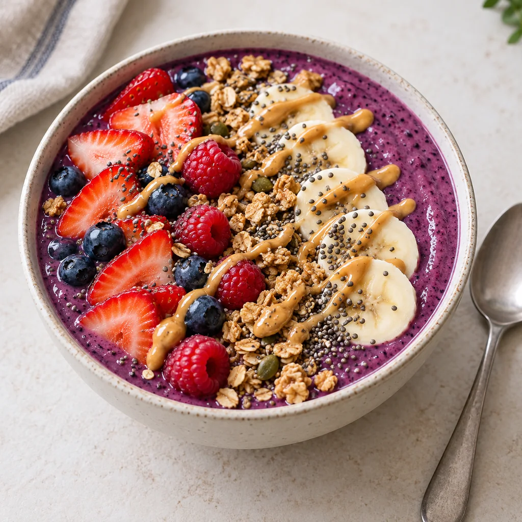 Finished peanut butter and berry smoothie bowl with fruit, granola, seeds and a peanut butter drizzle