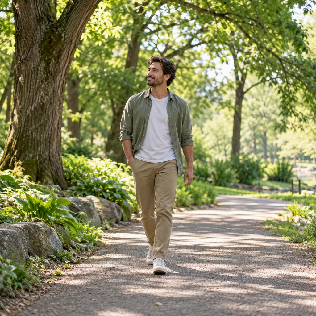 Man taking a slow phone-free walk along a leafy park path